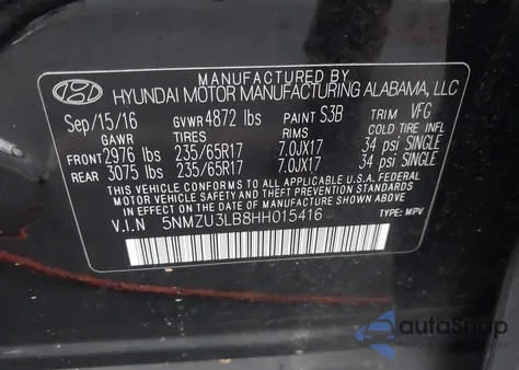 2017 Hyundai Santa Fe Sport 2.4L z USA, uszkodzony, nr VIN 5NMZU3LB8HH015416